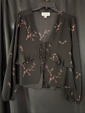 Highline Black Floral Tie-Front Blouse with Ruffle Trim